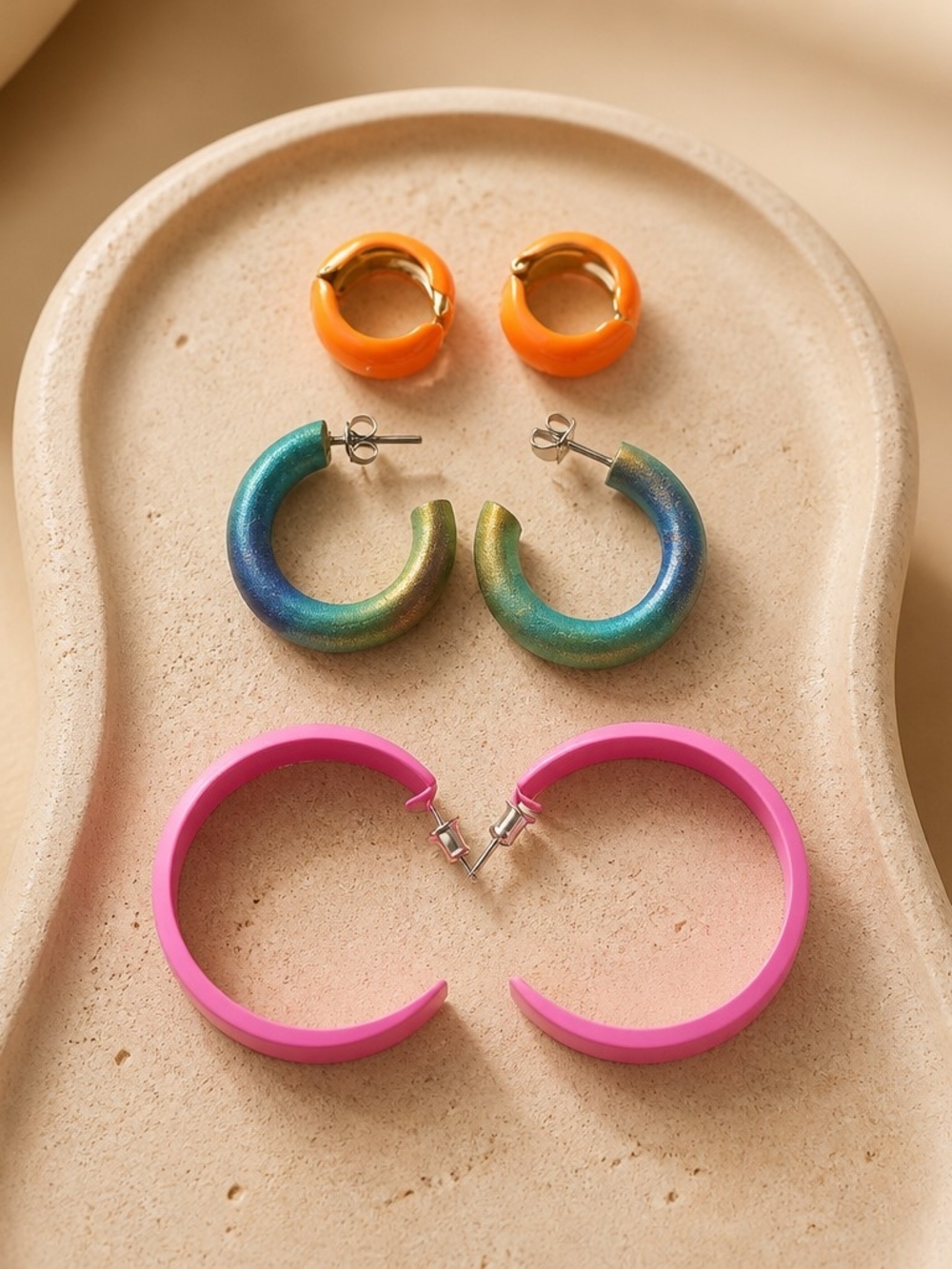Colorful Hoop Earrings Bundle Orange, Iridescent & Pink 3-Pair Statement Set - Picture 1 of 3